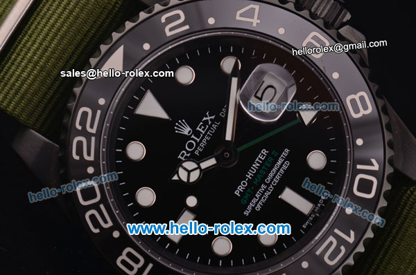 Rolex GMT-Master Pro-Hunter Swiss ETA 2836 Automatic Movement PVD Case with Black Dial-White Markers and Green Nylon Strap - Click Image to Close